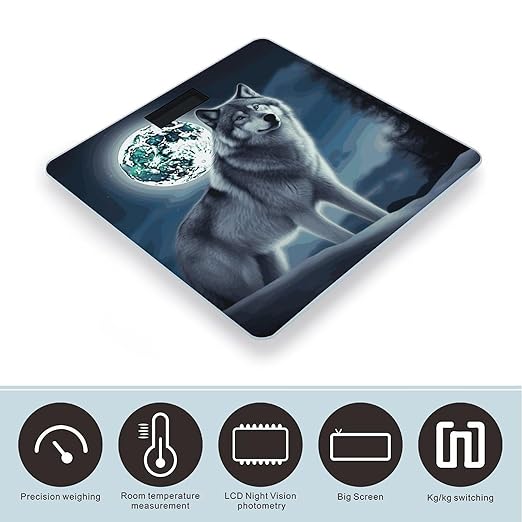 Wolf Under Moon Weight Scale Large Bathroom Scales Digital Weight with Bright LED Display Non Slip Automatic Weighing Scale Fashion Weighing Machine for Body