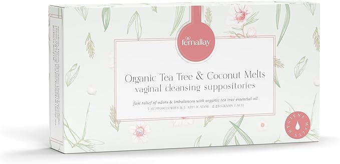 Femallay Organic Vaginal Melts – Tea Tree &amp Coconut Oil – Natural Feminine Odor Control pH Balance &amp Dryness Relief – 7 Count + Applicator