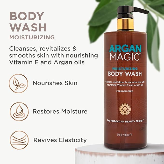 Argan Magic Cleansing Body Wash - Gently Cleanses Revitalizes &amp Smooths Skin | Enriched with Argan Oil Sweet Almond Oil &amp Vitamin E | Paraben Free (32 oz / 946 ml)