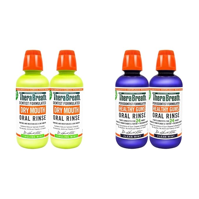 TheraBreath Dry Mouth Oral Rinse 16 Ounce Bottle (Pack of 2) and 24 Hour Healthy Gums Periodontist Formulated Oral Rinse 16 Ounce (Pack of 2)