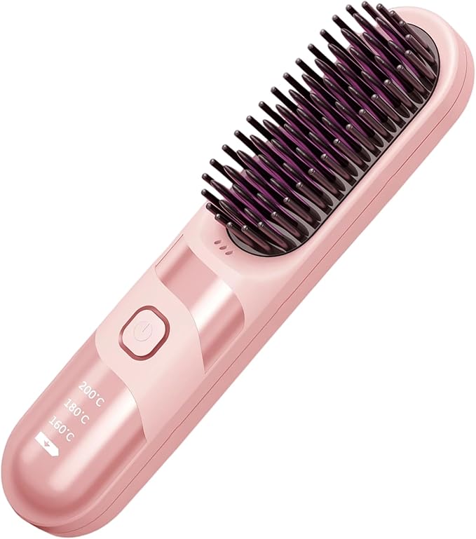 Go Brush 2026 New Cordless Straightening Brush with 3 Temperature Settings Anti-Scald Teeth Design USB Rechargeable Hair Brush for Smooth Straight and Curl Styles (Pink)