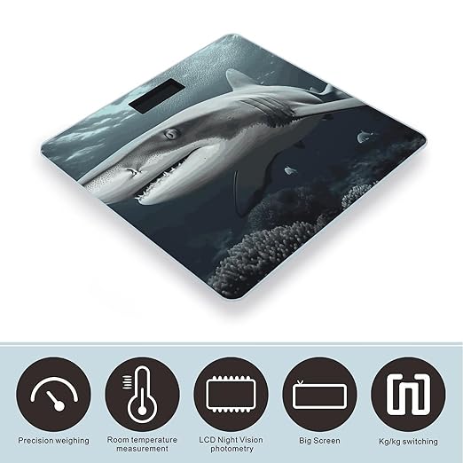 Shark Scale for Body Weight Anti-Slip Digital Bathroom Scale Sturdy Toughened Glass Weighing Scales High Precision Safe Rounded Corners Smart Scales