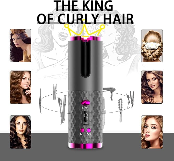 Automatic Curling Iron Hair Curling Iron for Hair Styling Cordless Auto Hair Curler with 6 Temps and Timers Auto Shut-Off Fast Heating Rechargeable Cordless Hair Curler 1 (Gray)