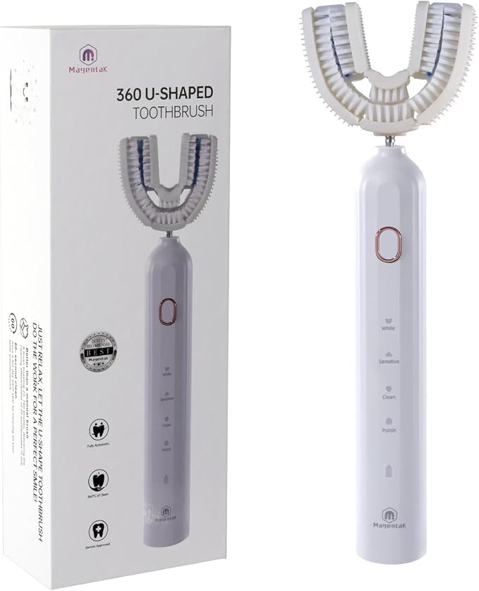 Ultrasonic U-Shaped Toothbrush for Adults Electric Toothbrush has 23760 Nylon BristlesAutomatic 360-degree Cleaning and Waterproof IPX7 4 Modes for Teeth Whitening (White)