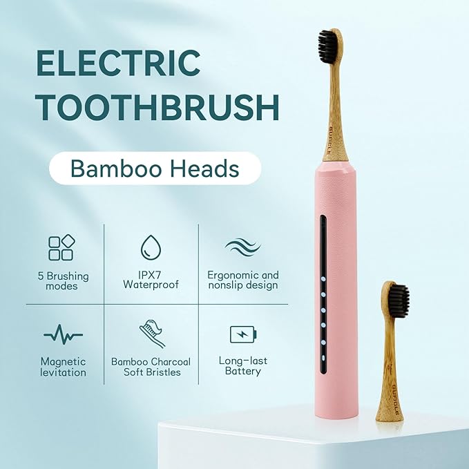 Bamboo Electric Toothbrush for Adults丨Rechargeable Electric Toothbrush with 3 Non Toxic Charcoal Infused Bamboo Brush Heads 5 Cleaning Modes 60 Days Battery Life IPX7 Waterproof-Pink