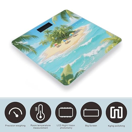 Tropical Island Weight Scale Cute Bathroom Scale for Body Highly Accurate Digital Weighing Machine for People Compact LCD Display Scales with Sturdy Toughened Glass Scales