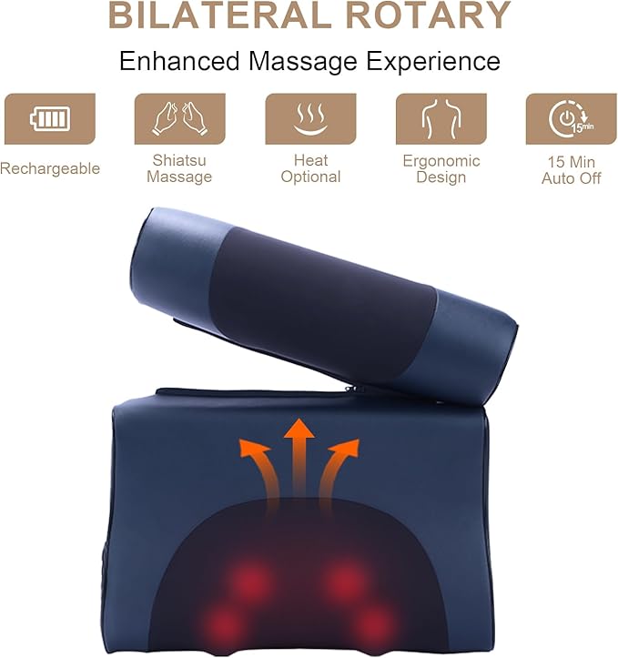 Cornfair's Shiatsu Neck and Back Massager with Heating - 4D Kneading Nodes 3 Modes 3 Speeds - Cordless Electric Massage Pillow for Full Body Relaxation at Home Office - Great Holiday Gift