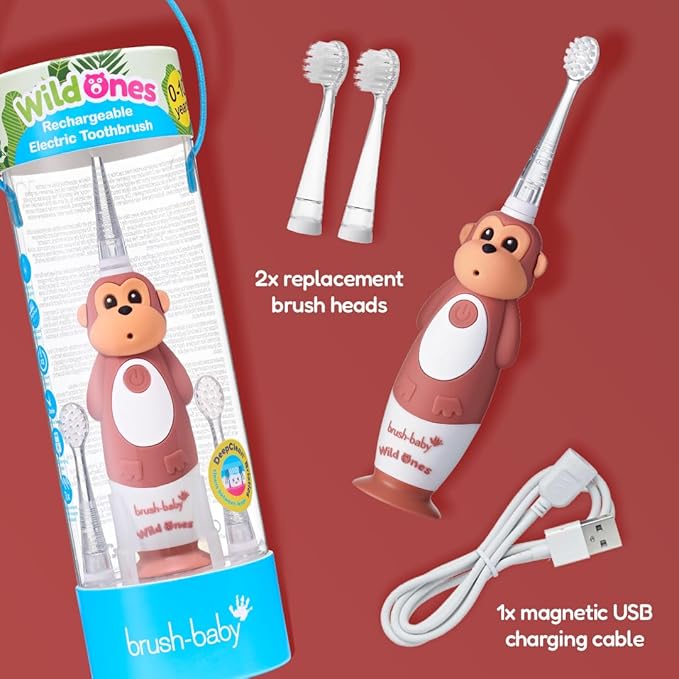 BrushBaby - WildOnes - Kids Rechargeable Electric Toothbrush Ages 0-10 - Monkey Design with Flashing Lights - DeepClean Bristles for Superior Cleaning - 2 Replacement Brush Heads 1 USB Cable