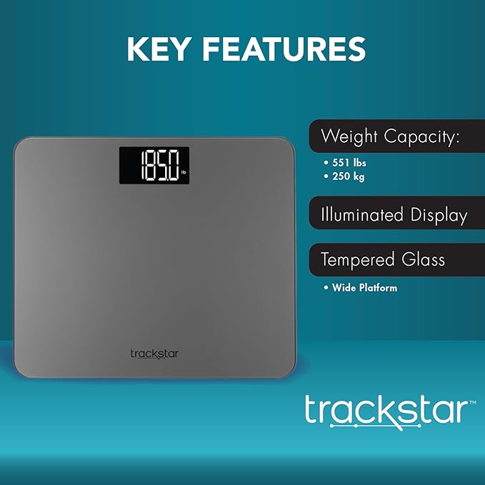 trackstar Wide-Platform Silver Digital Weight Scale | 550 lb Weight Capacity | trackstar Monitoring App | Bluetooth iOS &amp Android Compatible | Measure Track and Share Results