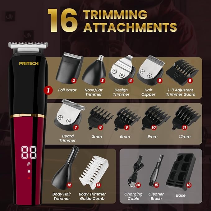 PRITECH Beard Trimmer for Men6 in 1 Hair Clippers Kit Precision Cordless Grooming Kit Waterproof IPX6 for Beard Hair Body Nose Ear with Foil Razor (Red)