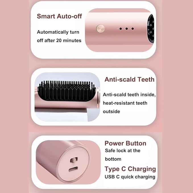 Cordless Hair Straightening Brush with 3 Levels Temperature Auto-Off Anti-Scald Hot Travel Heated Comb USB C Type C Portable Hair Straightener - Pink
