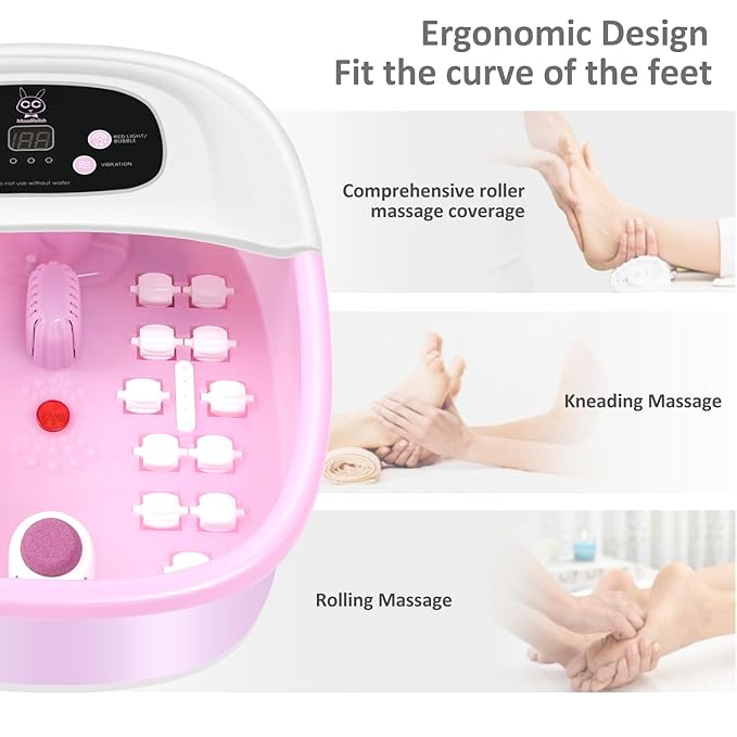 Foot Spa Bath Massager with Heat Bubbles and Vibration Massage and Jets 16 OZ Calming Lavender Foot Soak Epsom Salt Foot Soaker with Red Light 22 Massage Rollers Adjustable Temp - Pink
