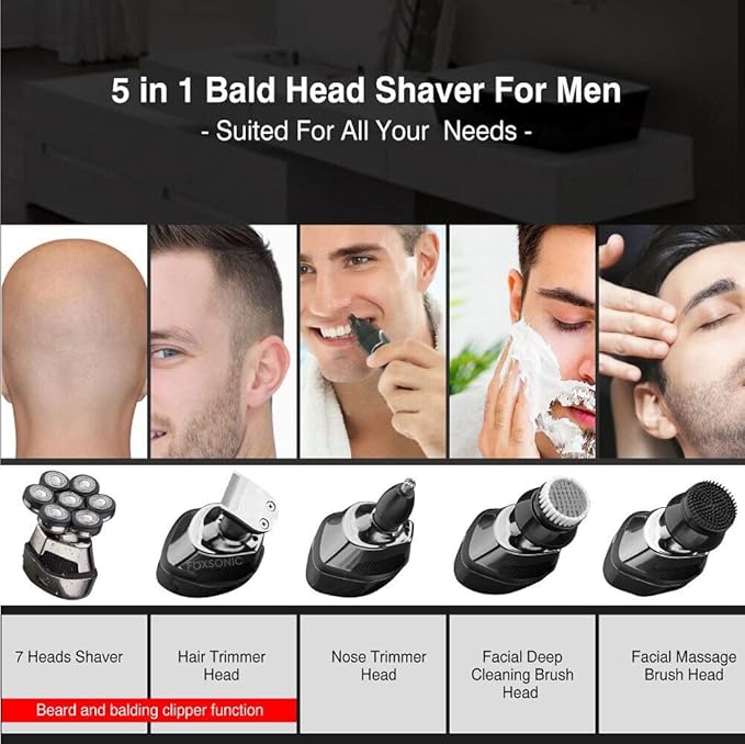 Head Shavers for Bald Men 6-in-1 Men Electric Razor Shaver Bald 7 Cutter Head Shaver Multifunctional Razor Alien Shape IPX6 Waterproof Grooming Kit