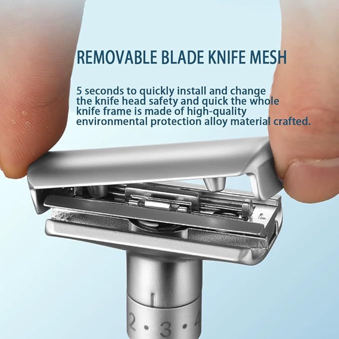 Adjustable double-edged safety razor with 10 platinum-plated stainless steel razor blades + optional stand + complimentary holster reusable razor smooth close shave (Silver + base + holster)