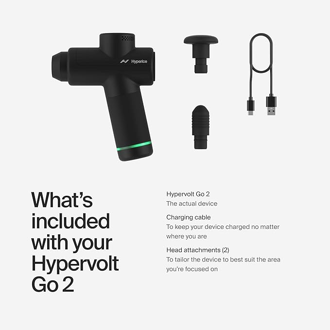 Hyperice Hypervolt Go 2 - Black - Featuring Quiet Glide Technology - Handheld Percussion Massage Gun - 3 Speeds 2 Interchangeable Heads - Helps Relieve Sore Muscles and Stiffness