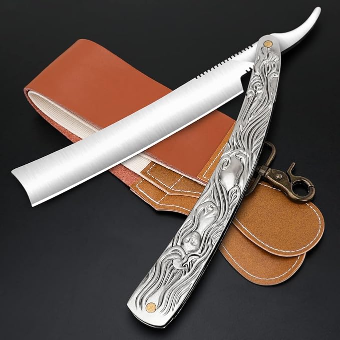 Professional Straight Razor with First Layer Cowhide Strop - Straight Edge Barber Razor Premium Stainless Steel Shaver Razor for Men Home &amp Salon Grooming Using