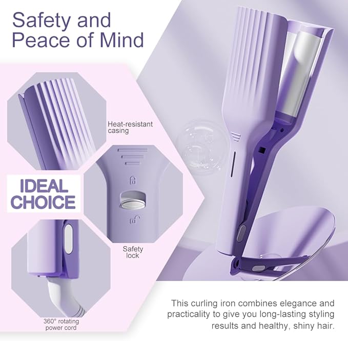 Beach Wave Curling Iron for Women 36mm (1.41”) Hair Crimper with 3 Temperature Settings Fast Heating Ionic Hair Curler Tool with Intelligent Power Off for Hair Styling (Purple)