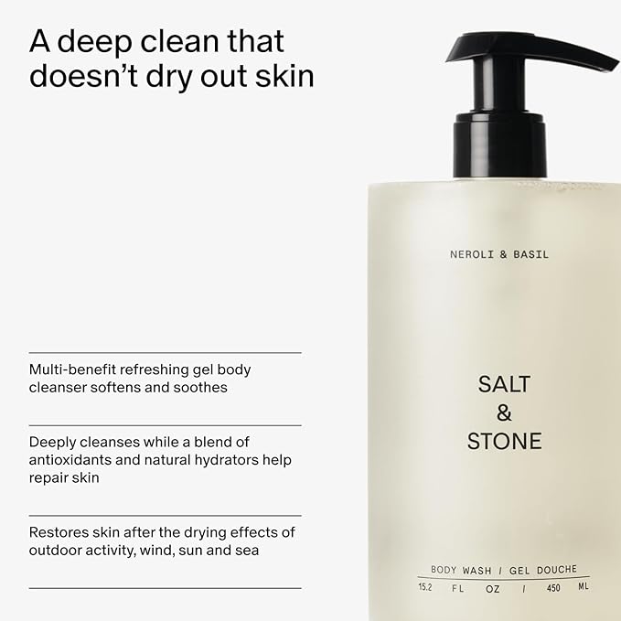 Salt &amp Stone Body Wash with Antioxidants for Deep Moisture | For Women &amp Men Sulfate Paraben &amp Dye Free Leaving Skin Soft and Hydrated | Neroli &amp Basil Refill 32 fl oz