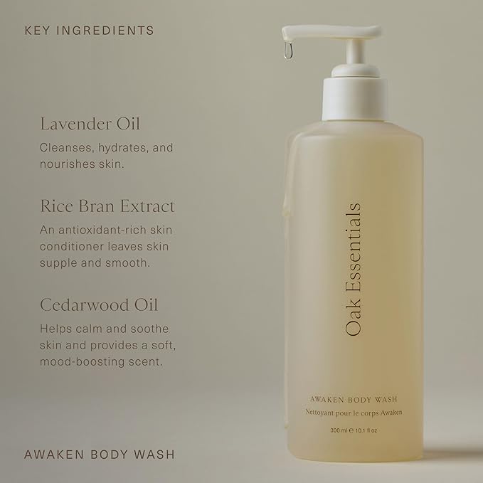 Oak Essentials Awaken Body Wash | Hydrating Shower Gel with Lavender Oil Cedarwood Oil &amp Rice Bran Extract 10.1 Fl Oz