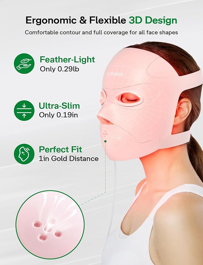 Medisana 3D Red Light Therapy Mask for Face 336 LEDs Light Therapy Mask with 3 Modes - NIR 830nm Red 630nm Blue 415nm - Cordless &amp Rechargeable LED Face Mask for Home Skincare Gifts for Women