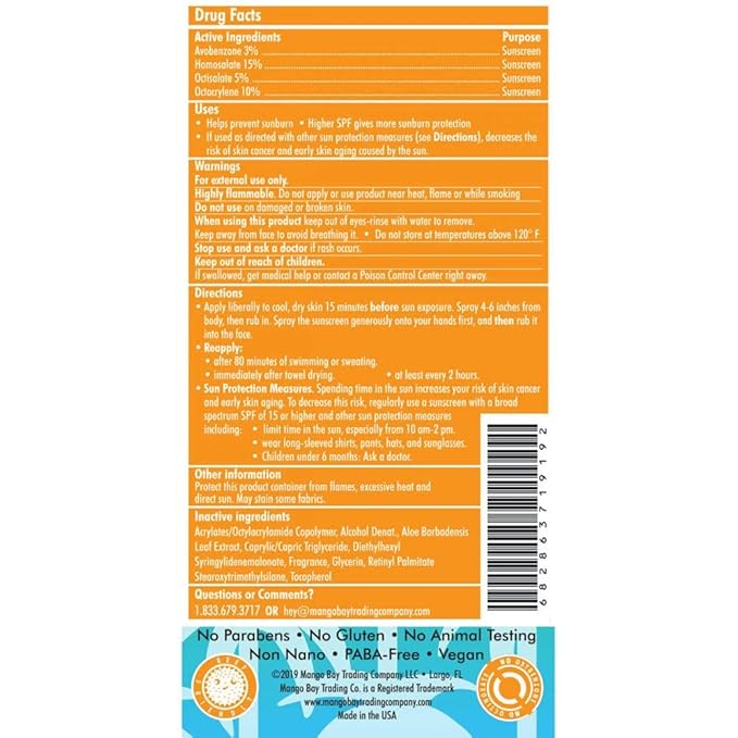 Mango Bay Sunscreen Spray SPF 50 Kids | Vegan Broad Spectrum UVAUVB - Octinoxate &amp Oxybenzone Free Water Resistant Reef Friendly ParabenPaba-free 6fl Oz - 170g 682863719192