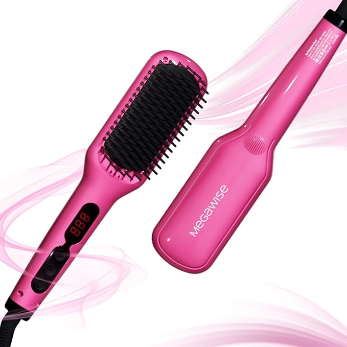 MEGAWISE Pro Ceramic Ionic Hair Straightener Brush Universal Dual Voltage Rotatable Power Cord MCH Fast 20s Heating Tech Anti-Scald Auto-Off Safety Home Salon (Rose Red)