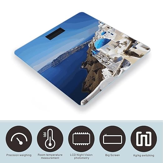 Santorini Greek Island Sea View Scale for Body Weight Sturdy Tempered Glass Weighing Scales with LCD Display Accurate Digital Bathroom Scale Convenient Body Fat Smart Scales Easy Read