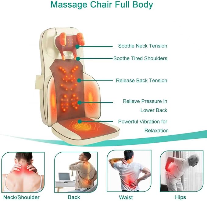 Shiatsu Neck Back Massager Chair Pad w/Heat - Back Massager for Pain Relief Deep Tissue Full-Back Kneading Rolling - Adjustable Neck Height &amp Intensity