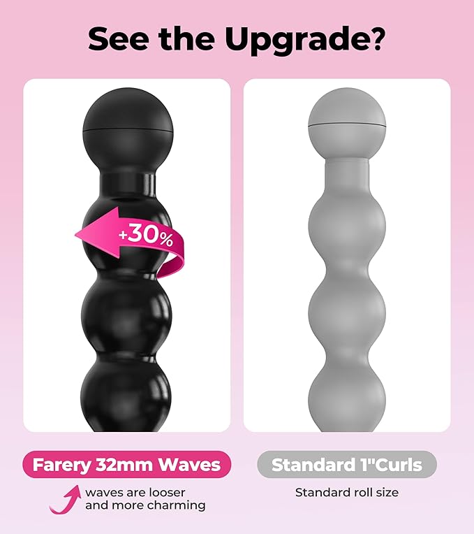 Farery Bubble Curling Wand for Long Hair - 32mm Springless Barrel for Defined Spiral Curls &amp Waves Ceramic Coated for Smooth Shine Includes Heat Resistant Glove 5 Temp Settings Dual Voltage