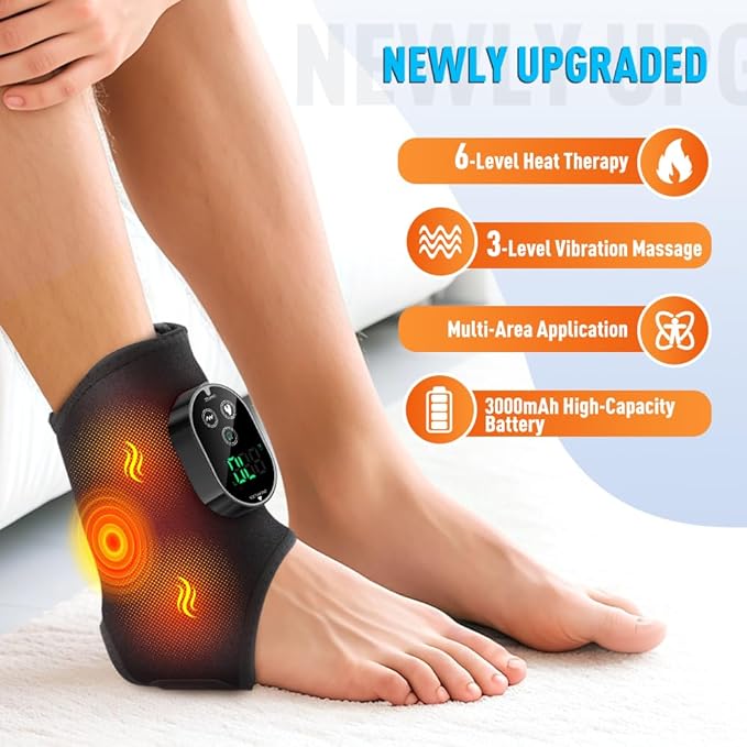 Wearable Ankle Massager with Heat &amp Vibration Cordless Heated Ankle Wrap for Ankle and Foot Comfort Adjustable Heat Levels Rechargeable 2-Pack Black