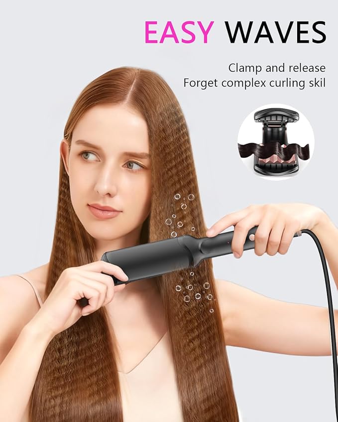 Hair Crimper Waver Professional Hair Straightener Beach Waves Curling with 4 Interchangeable Ceramic Plates | Auto Temp Control for All Hair Types | Quick Heat Wide Plate Styling Tool &amp Straighte