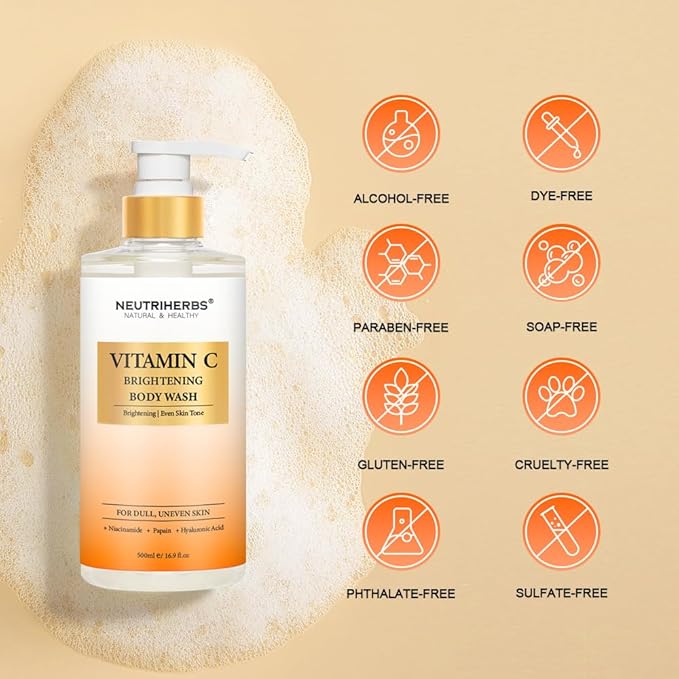 Neutriherbs Brightening Body Wash for DullUneven Skin Vitamin C Brightening Shower Gel For Women And Men Daily Shower Soap With Papain Niacinamide - Citrus Scent 16.9 Fl.Oz