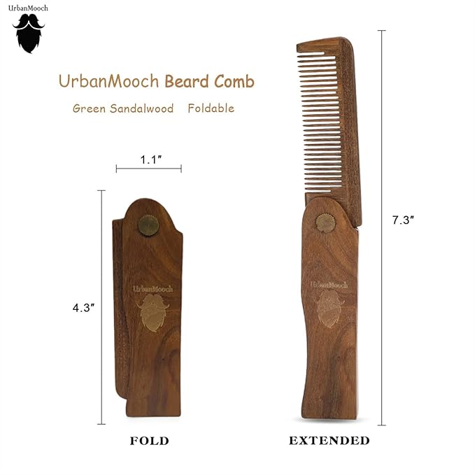 Pure Green Sandalwood(Chandan) Folding Wooden Comb - Men'S Hair Beard &amp Mustache Comb - Pocket Sized Sandal Wood Comb For Everyday Grooming For Healthy &amp Stylish Beard
