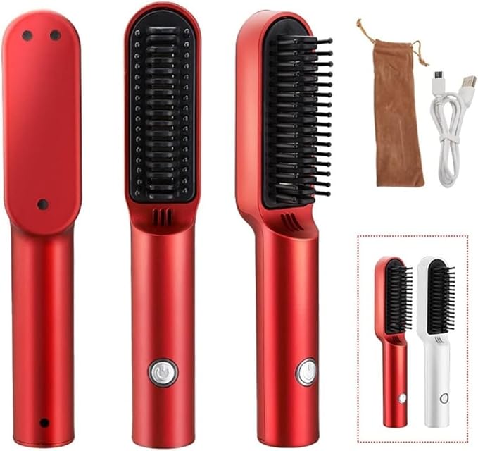Travel Portable Hair Heating Comb 2 in 1 USB Charging Professional Hair Brush Straightener and Curler Styling Tools (Color : White)