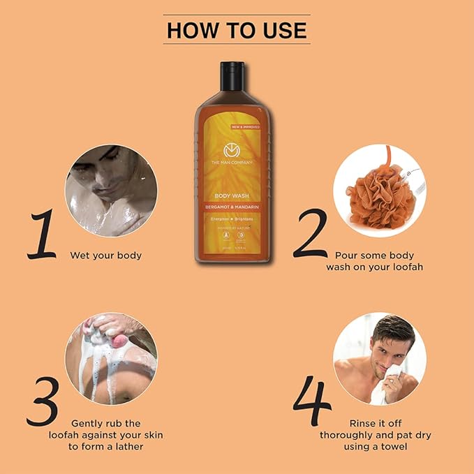 The Man Company Perfumed Body Wash- Bergamot &amp Mandarin | Shower Gel for Glowing &amp Bright Skin | With Turmeric &amp Orange Peel Extract | Long-Lasting Fragrance | Toxin-Free- 200 ml