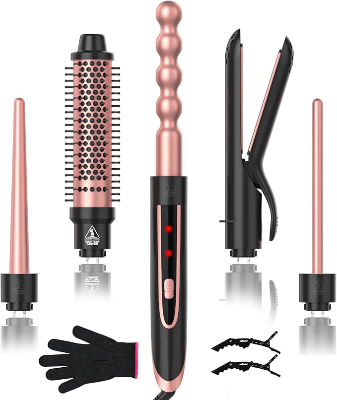 5 in 1 Curling Wand Set Curling Iron with Curling BrushHair Straightener &amp 3 Interchangeable Ceramic Curling Wand(0.35-1) Fast Heat Hair Wand Curler Include Glove &amp 2 Clips for Women Gir