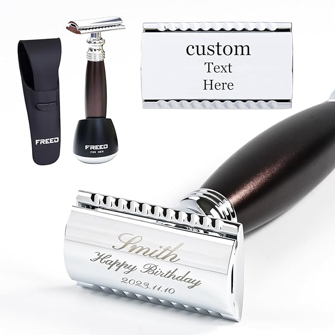 FREED Customized gifts Engraving Shaving Kit - Safety Razor with metal handle include razor base razor travel case and 10 bladesit's the best gift for men (saddleBrown)