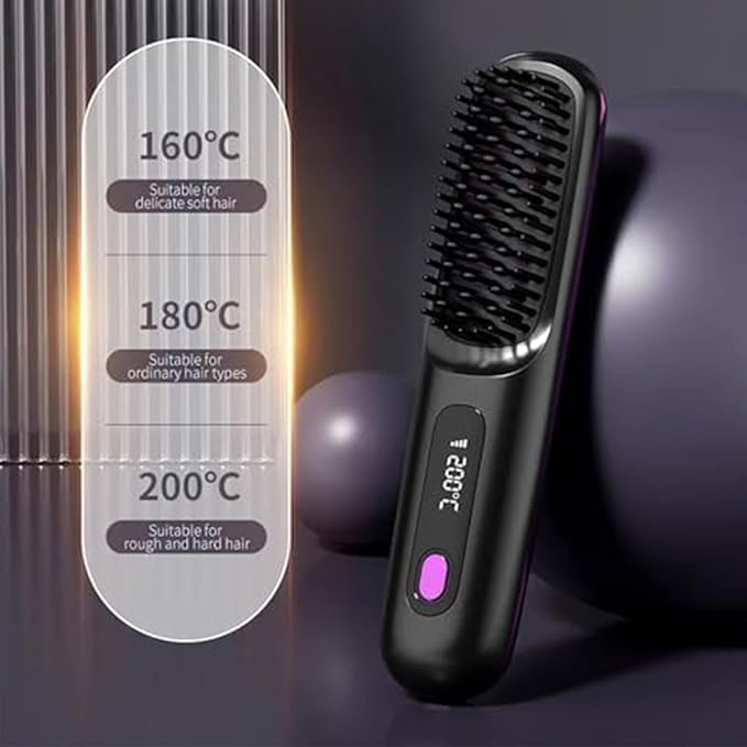 2026 New Brush Pro Portable Straightener Brush for Travel with LCD Temperature Display Fast Heating Cordless Mini Hair Brushs (Purple)