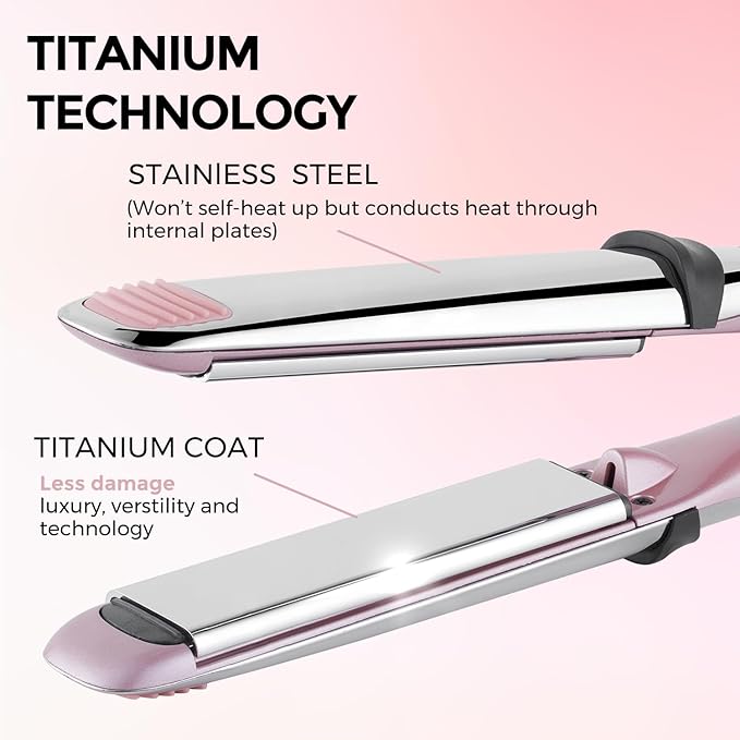 Professional Titanium Flat Iron with 1 1/4 Inch Floating Plates Hair Straightener and Curler 2 in 1 with 10 Adjustable Temp Up to 480 ℉ Negative Ion &amp Dual Voltage Fast Heating Hair Tools