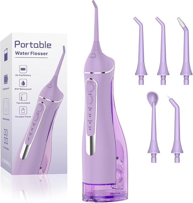 Cordless Portable Water Flosser with 300ML Tank: Rechargeable Oral Irrigator with 5 Tips for Travel Braces Care and Sensitive Gums IPX7 Waterproof Teeth Cleaning Device(Purple)