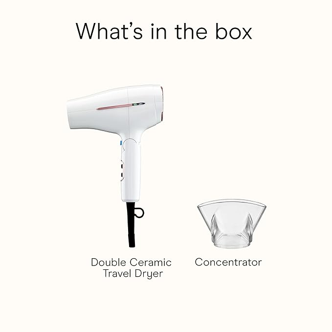 Conair Double Ceramic Travel Dryer with Concentrator &amp Folding Handle 1875W Travel Blow Dryer with Smart Voltage Technology Ionic Conditioning Fights Frizz 3 Heat &amp 2 Speed Settings White