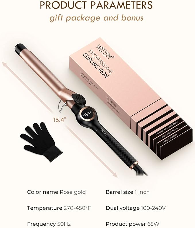Curling Iron 1 Inch Barrel Long Barrel Curling Wand for Hair Ceramic Tourmaline Hair Curling Iron Dual Voltage