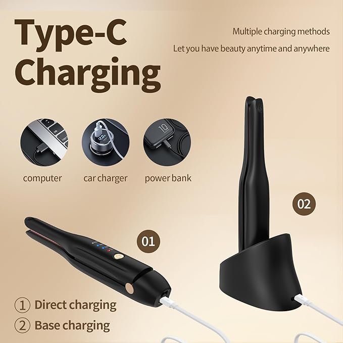 Cordless Hair Straightener and Curler 2 in 1 Ceramic Flat Iron Mini Cordless Portable Travel Hot Tools Straight Curl for Women Men USB Rechargeable with Pouch for Fine to Thick Hair