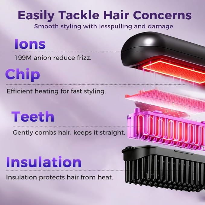 GO Brush 2026 Upgraded Cordless Hair Straightener Brush Portable Ceramic Hair Brush for Travel USB Rechargeable Mini Hair Straightening Comb for Short Long Hair 3 Temperature Settings (Purple)
