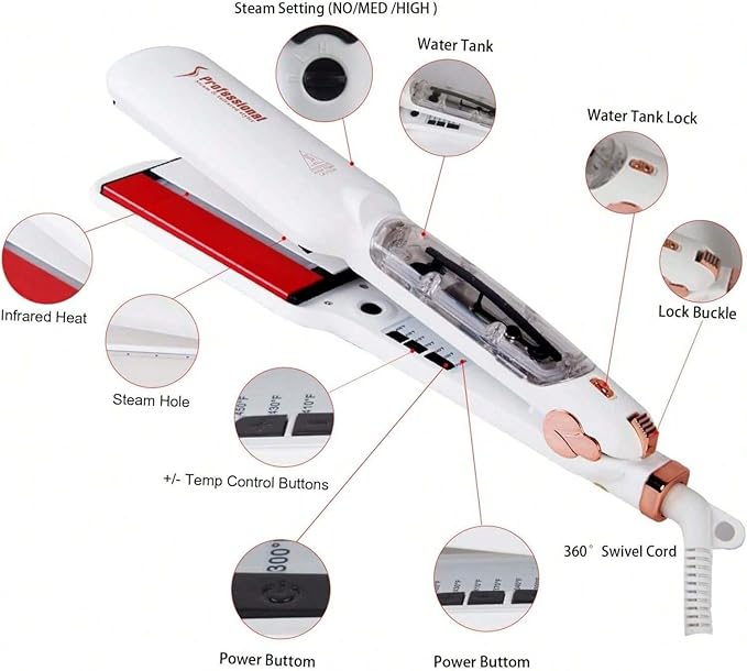 Professional Steam Hair Straightener 2-Inch Infrared Ceramic Flat Iron Adjustable Temperature 300-450°F White