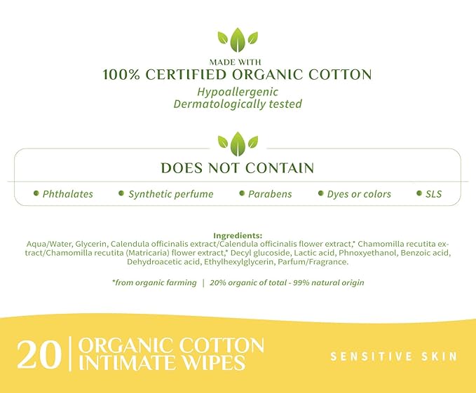 ORGANYC Made with 100% Organic Cotton Feminine Hygiene Wipes 20-count Packages (Pack of 6)