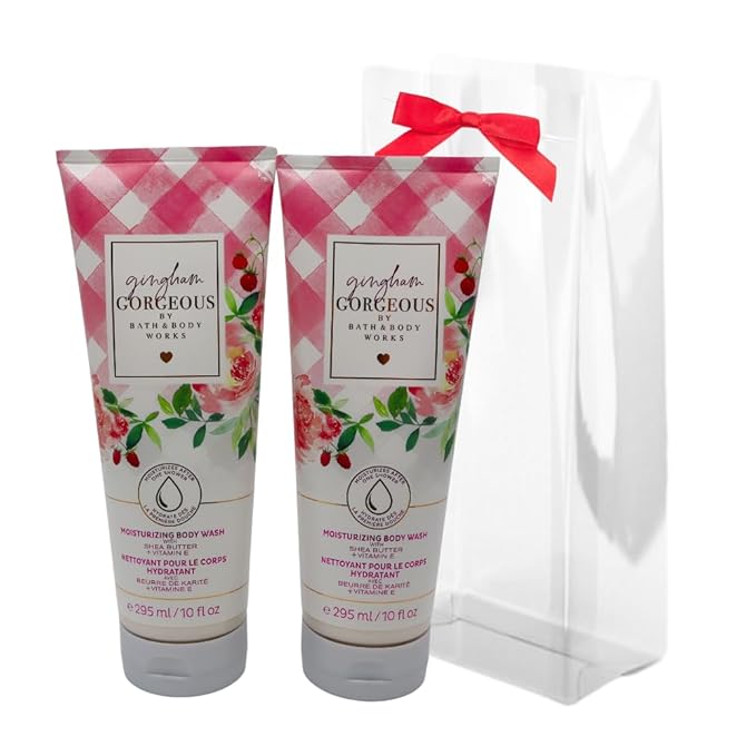 Bath &amp Body Works GINGHAM GORGEOUS Moisturizing Body Wash 2-piece Gift Set with a Red Bow for Holiday - 10 fl oz each