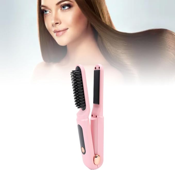 FILFEEL 60W Cordless Hair Straightener Brush 2 in 1 Straightening Comb and Curler with Digital Display 3500mAh Battery for Daily Hairstyles (Pink)