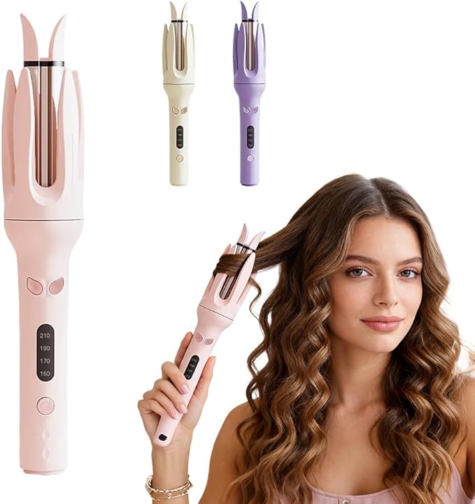 Automatic Hair Curler Auto Rotating Curling Iron with 3 Temp Settings Anti-Scald &amp Anti-Tangle Ceramic Barrel Fast Heating Portable Hair Waver for Travel (Pink)