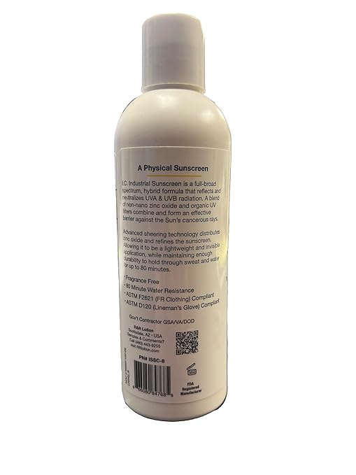 I.C. Industrial Sunscreen Mineral Based SPF 36 Physical Zinc Protection Full Broad Spectrum 80 Minute Sweat &amp Water Resistant Heat Stress Anti-Inflammatory Properties. USA 8oz Bottle (ISSC-8)